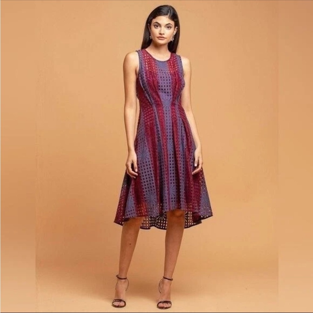 Anthro Eva Franco Navy and Burgundy Fit and Flare Samantha  Dress Size 10